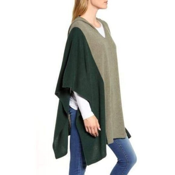 Halogen Colorblock Cashmere Poncho Green Hooded One Size New - Picture 1 of 5
